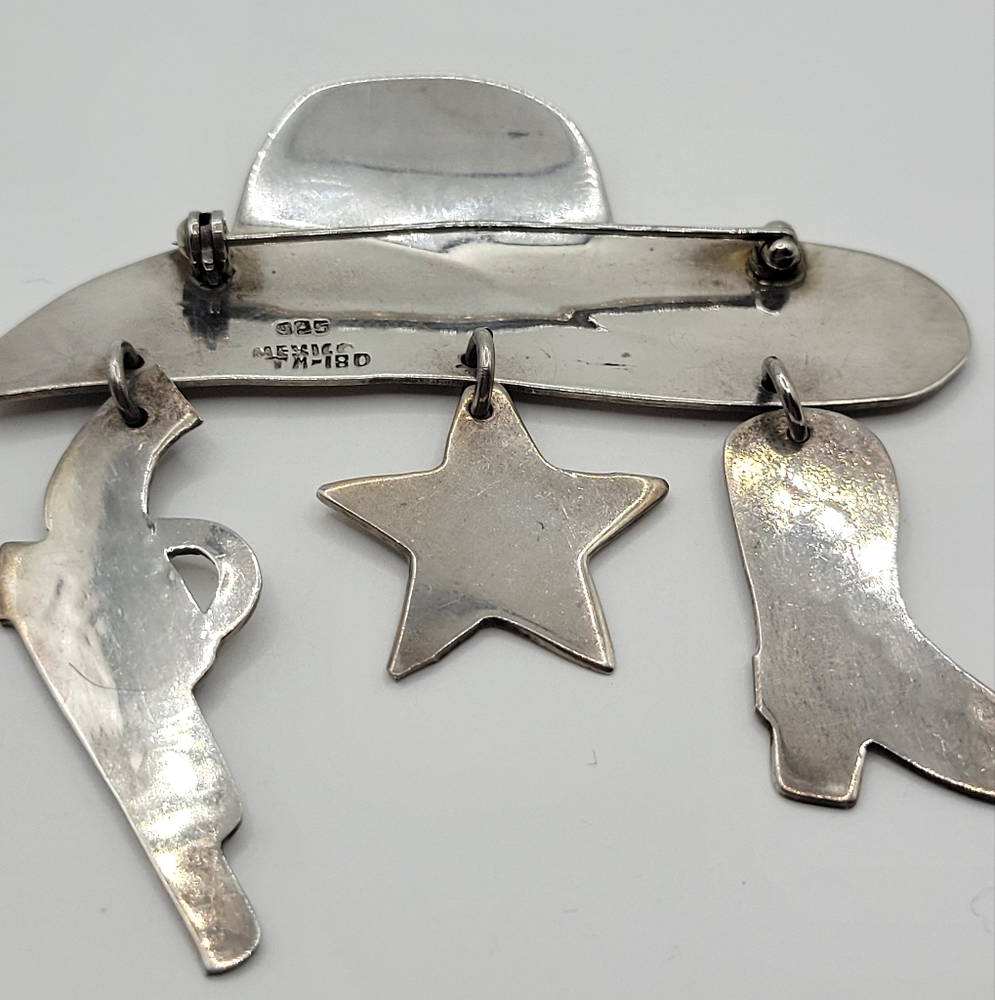 Vintage 925 Sterling Silver Taxco Mexico Large Western Cowboy Hat Pin Brooch - Picture 11 of 12